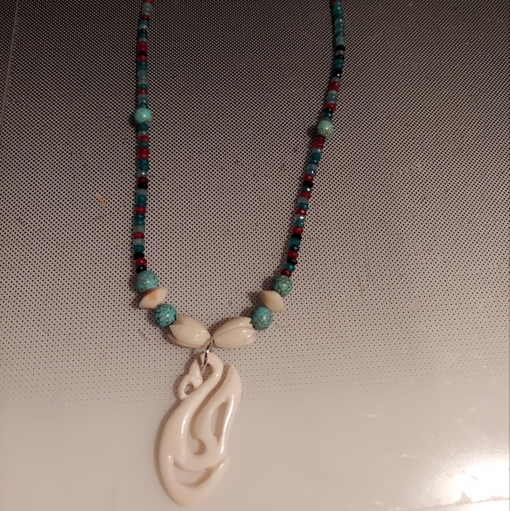 Dragon Heart Turquoise bone cut gems painted desert necklace. Matching earrings